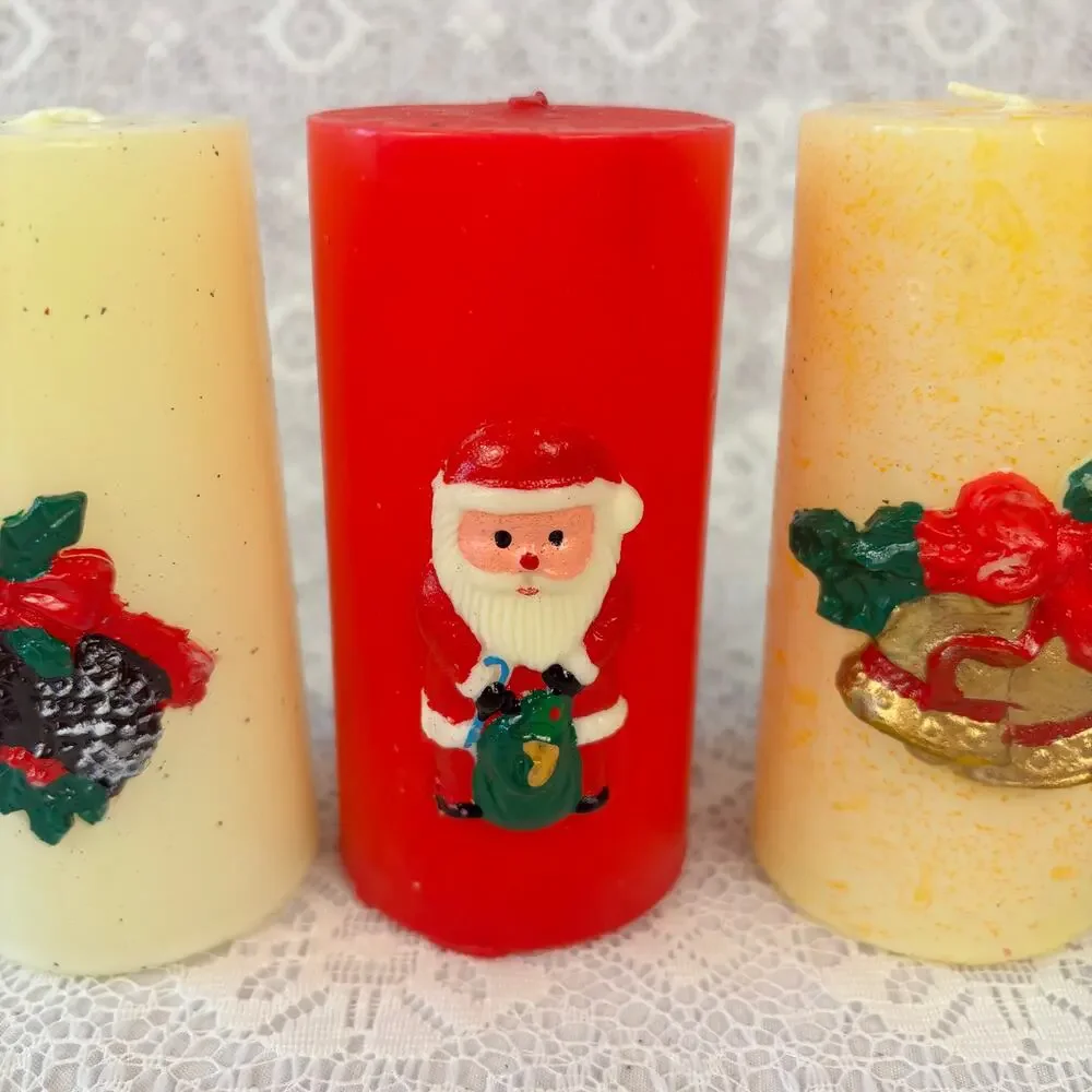 Set of 3 Vintage Christmas Pillar Candles Santa Bells Pinecones Holiday Decor